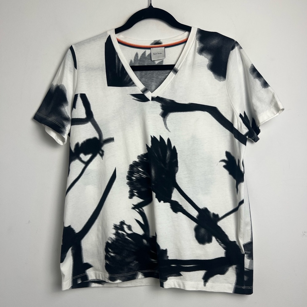 Paul Smith Women's Medium Black & White Monochrome Floral Print T-Shirt Top‎